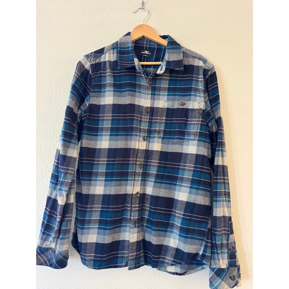 O'Neill Flannel Shirt Plaid Button Down Long Sleeve Small Blue White Excellent